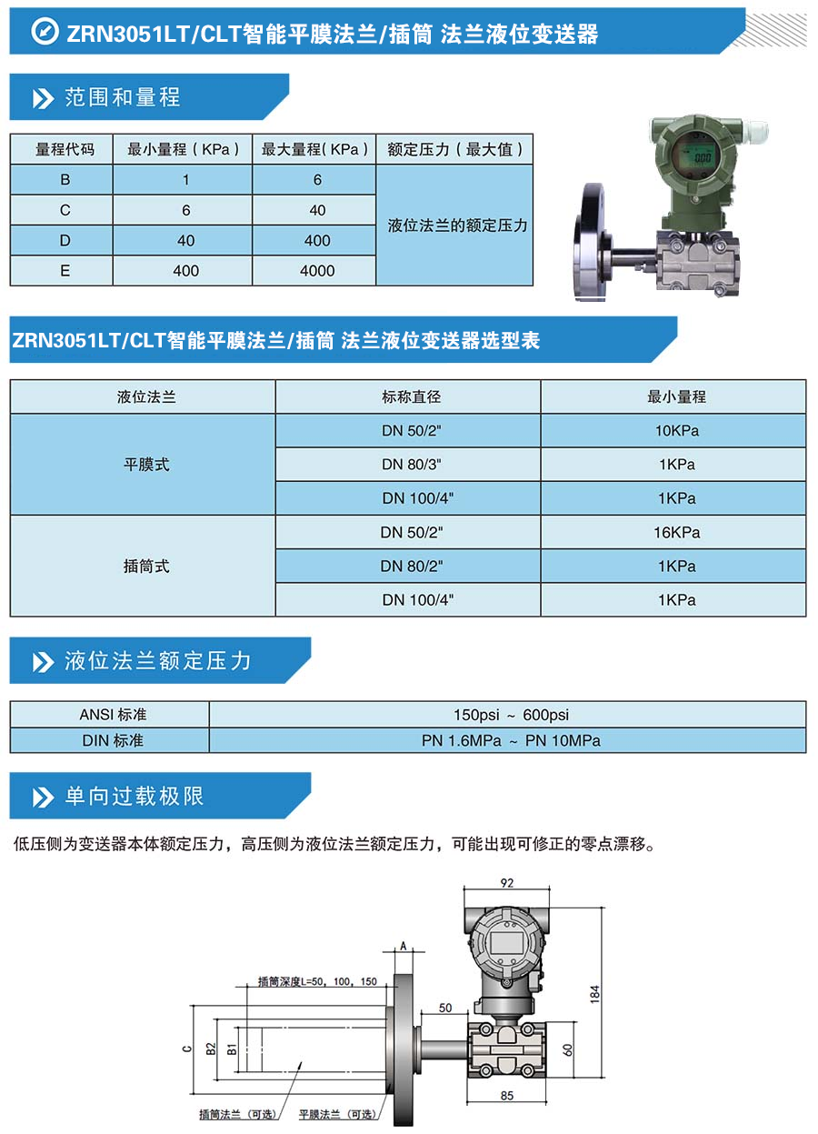 ZRN3051LT/CLT智能平膜法兰/插筒 法兰液位变送器(图1) ZRN3051LT/CLT智能平膜法兰/插筒 法兰液位变送器(图1)